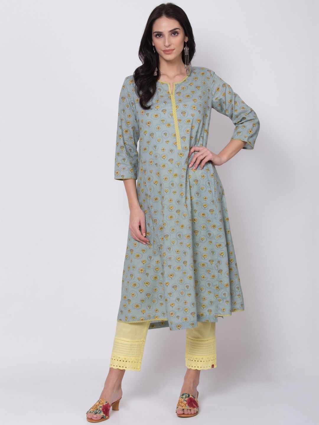 

Biba Women Green & Yellow Printed A-Line Kurta