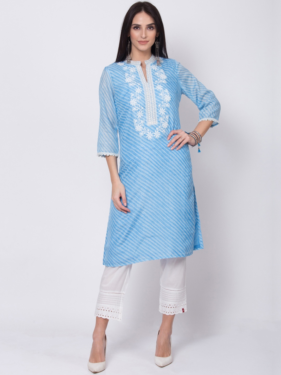 

Biba Women Blue & White Printed Straight Kurta