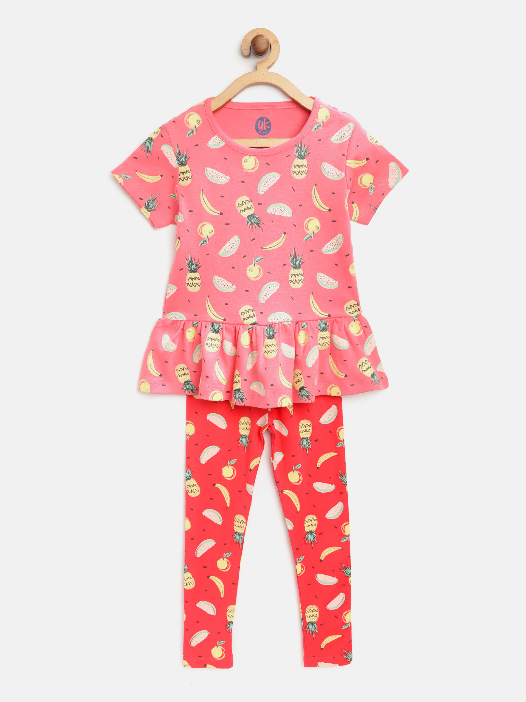 

YK Girls Peach-Coloured & Coral Pink Printed Top with Leggings