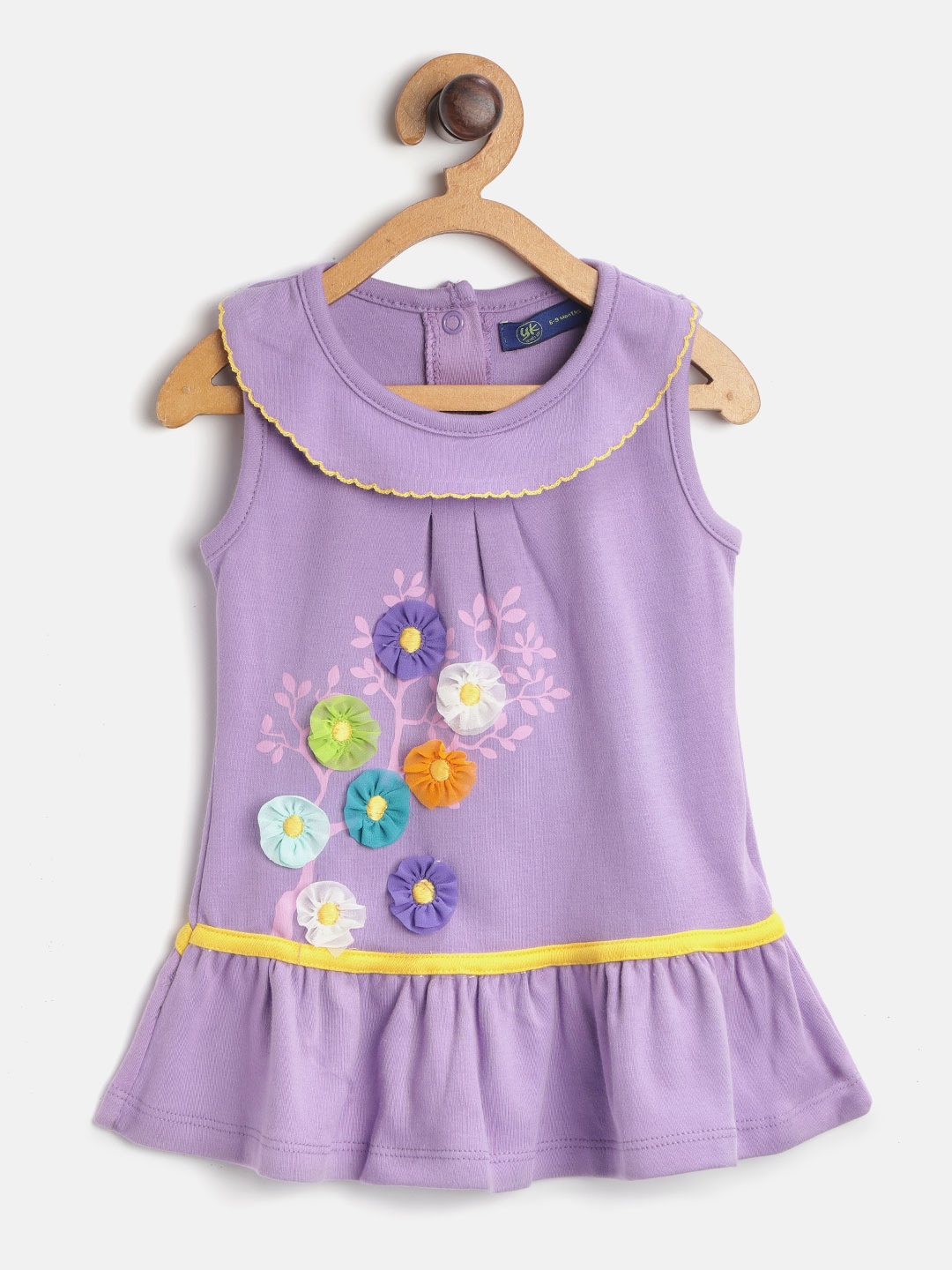 

YK Girls Purple Floral Print Drop-Waist Dress with Applique Detail