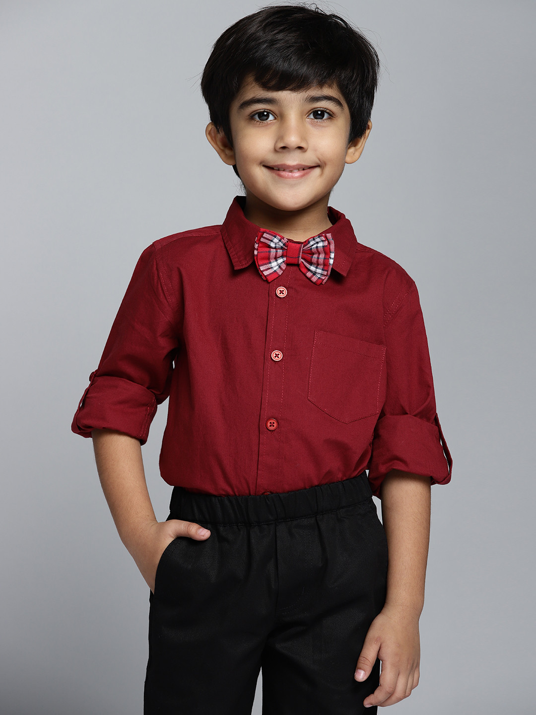 

YK Boys Burgundy Regular Fit Solid Casual Shirt with Checked Bow Tie