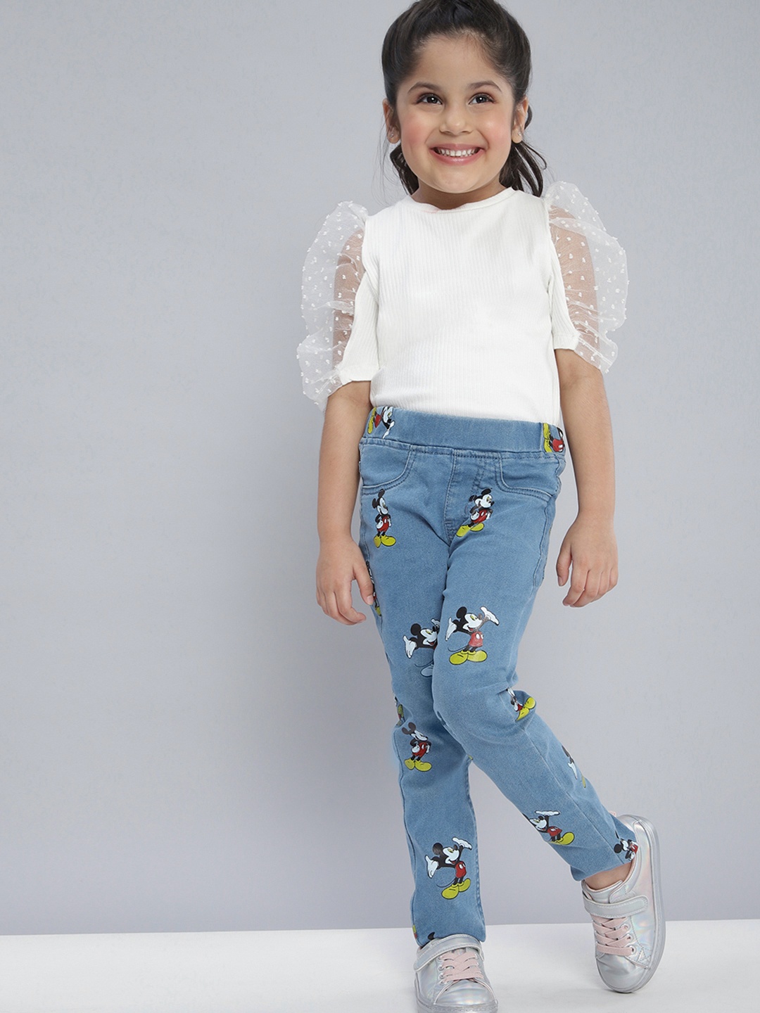 

YK Disney Girls Blue & Red Mickey Mouse Print Jeggings