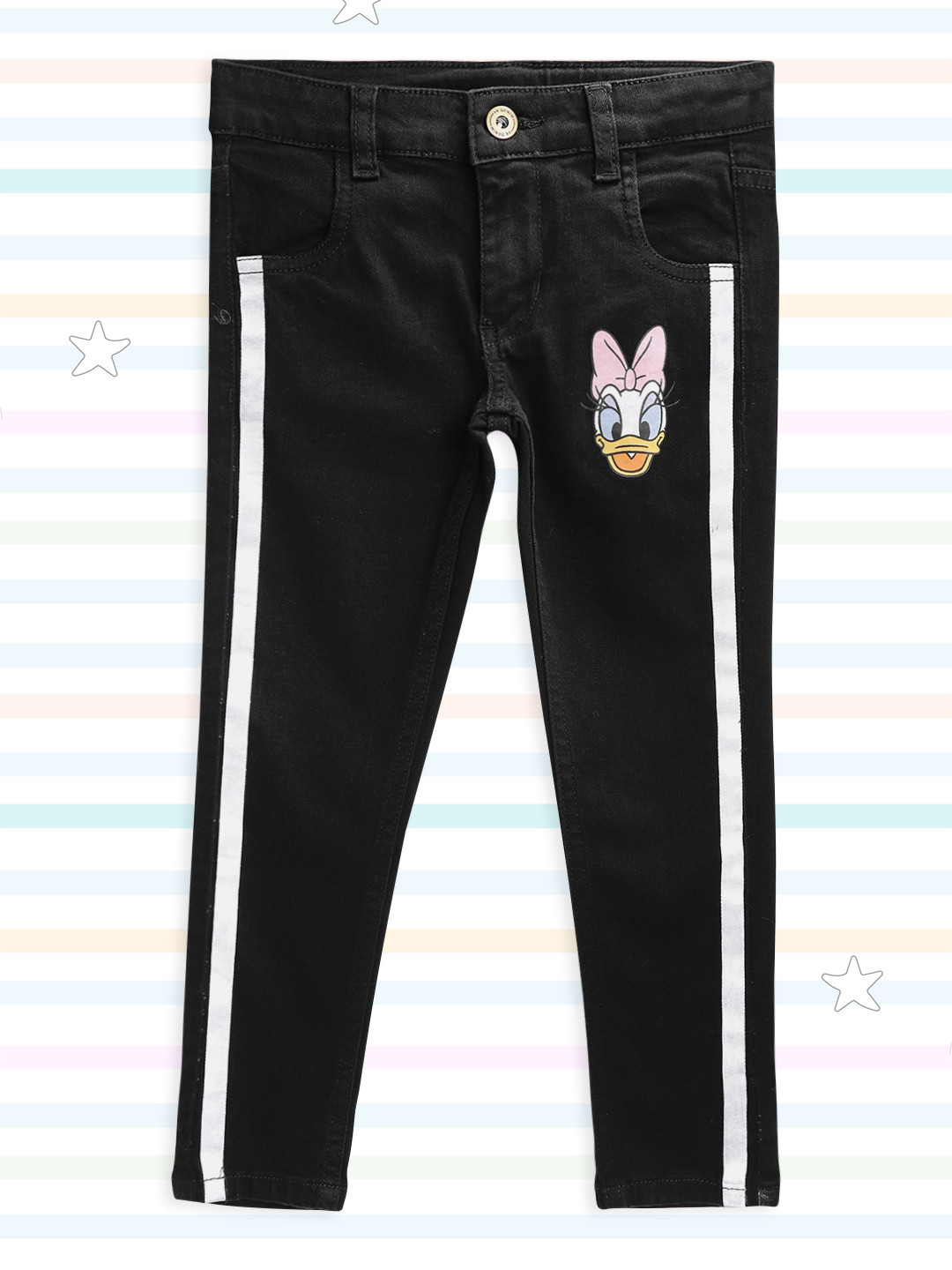 

YK Disney Girls Black Clean Look Stretchable Jeans with Striped & Donald Duck Print Detail