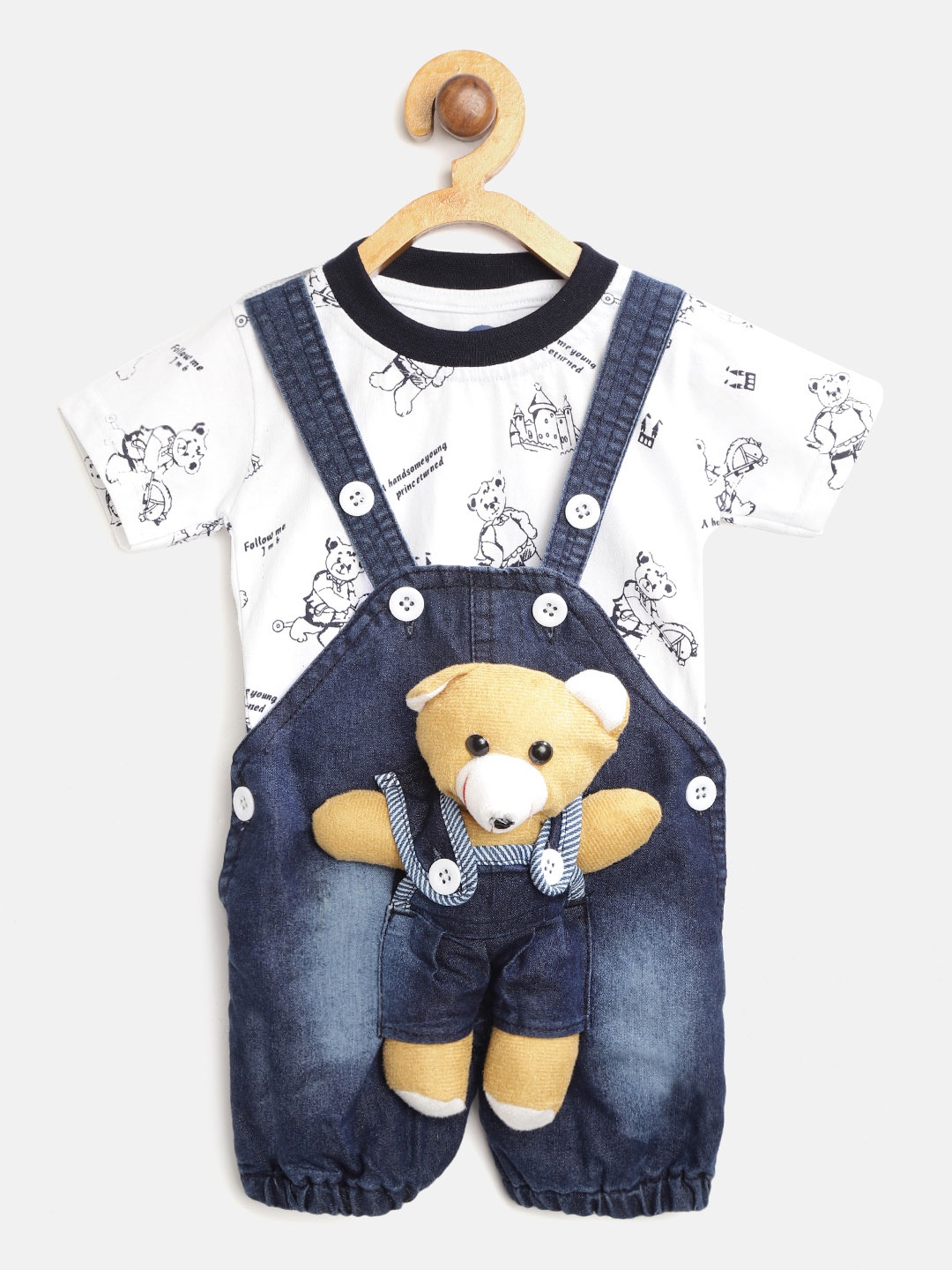 

YK Boys White & Navy Blue Printed T-shirt with Denim Dungarees