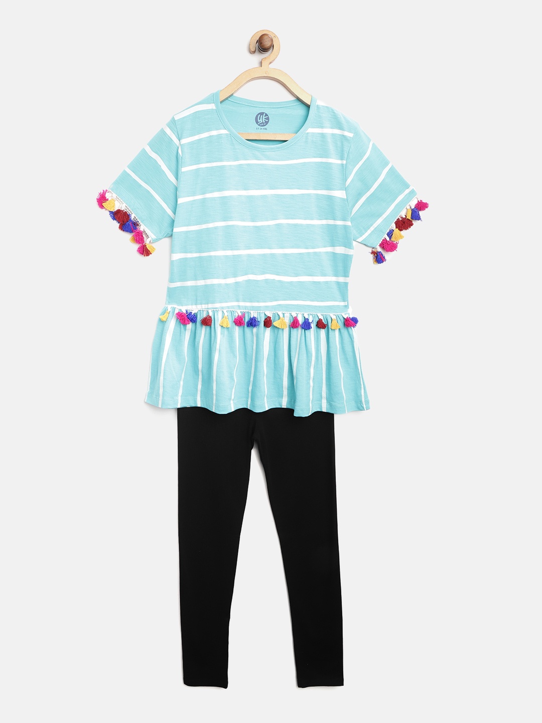 YK Girls Blue Blue & Black Striped Top with Leggings