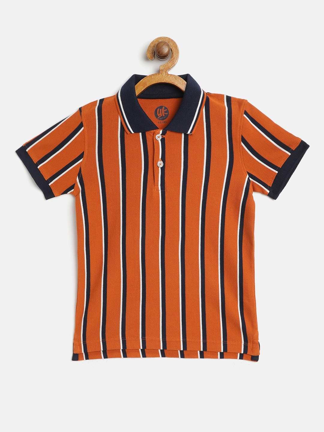 

YK Boys Rust Orange Navy Blue Striped Polo Collar Pure Cotton T-shirt