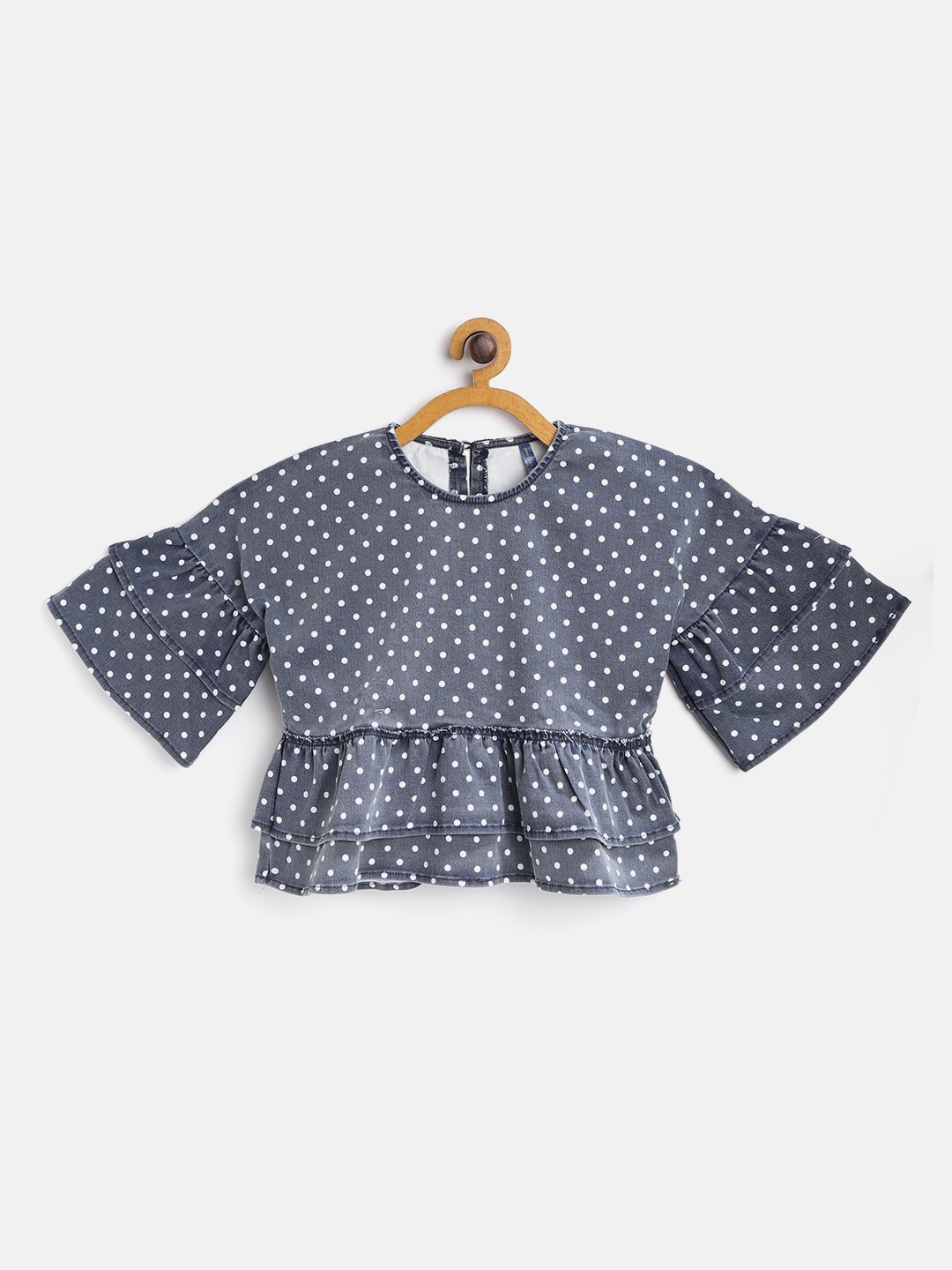 

YK Girls Navy Blue & White Polka Dot Print Denim A-Line Pure Cotton Top