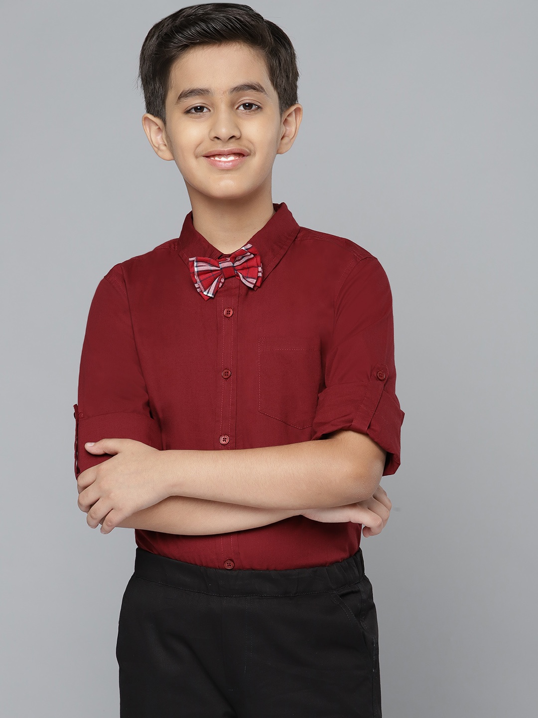 

YK Boys Burgundy Regular Fit Solid Casual Shirt with Checked Bow Tie