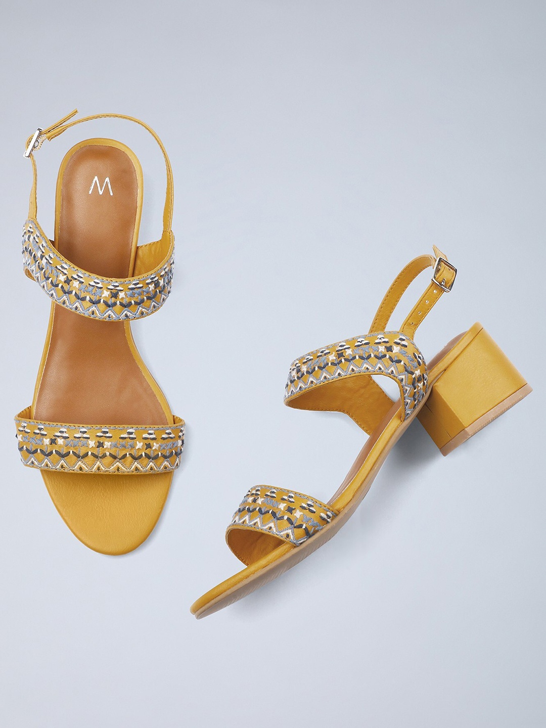 

W The Folksong Collection Women Mustard Yellow & Blue Woven Design Block Heels