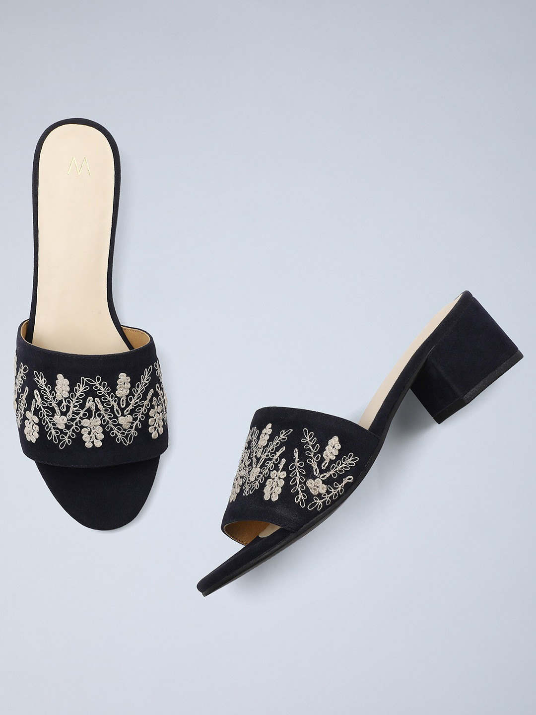 

W The Folksong Collection Women Blue & Beige Embroidered Suede Heels