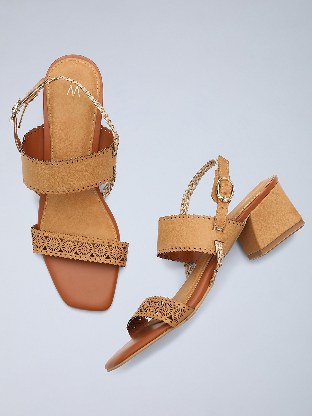 

W The Folksong Collection Women Tan Brown Solid Laser Cut Heels