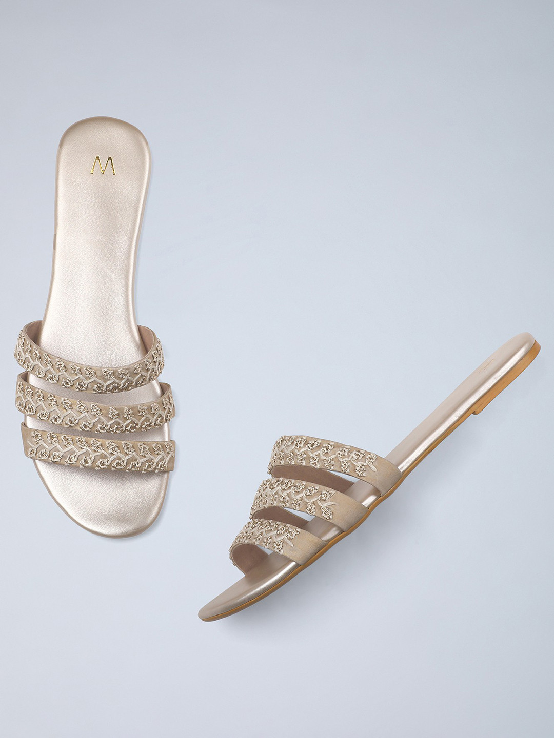 

W Women Beige Textured Canvas Open Toe Flats, Gold