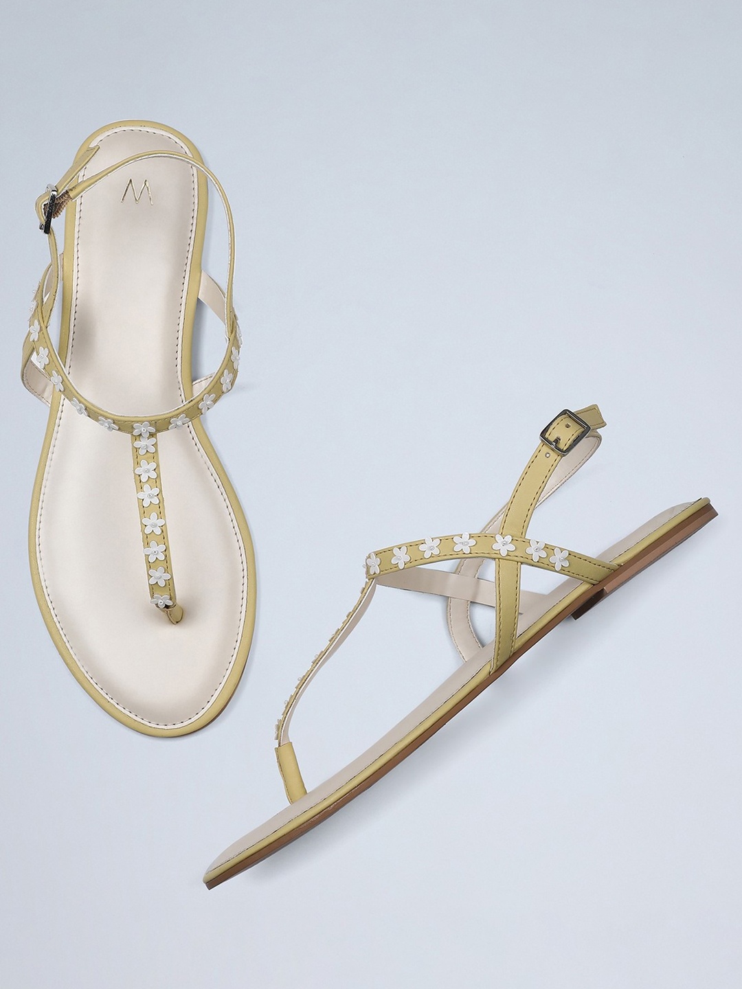 

W The Folksong Collection Women Yellow Embellished T-Strap Flats