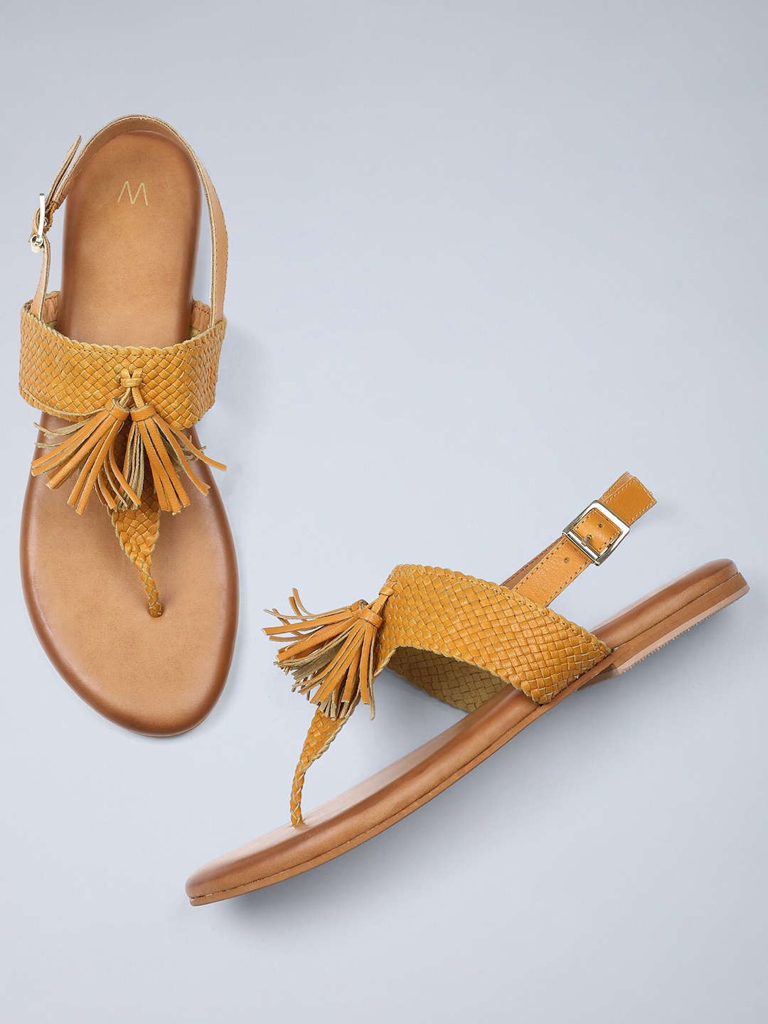 

W Women Mustard Yellow Woven Design Leather Open Toe Flats