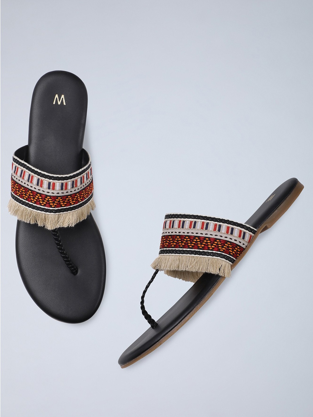 

W The Folksong Collection Women Black Woven Design Canvas Open Toe Flats