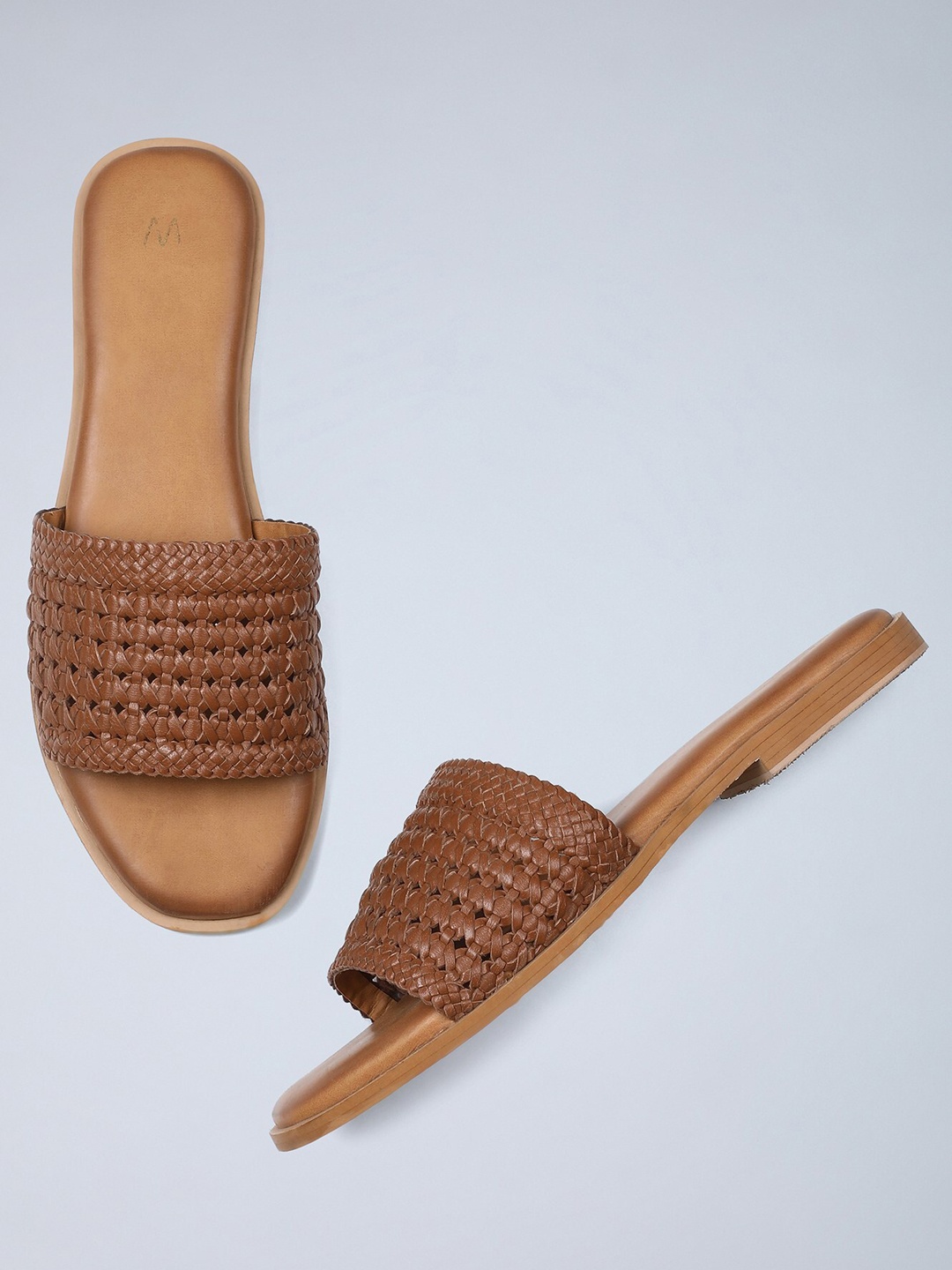

W Women Brown Woven Design Leather Open Toe Flats