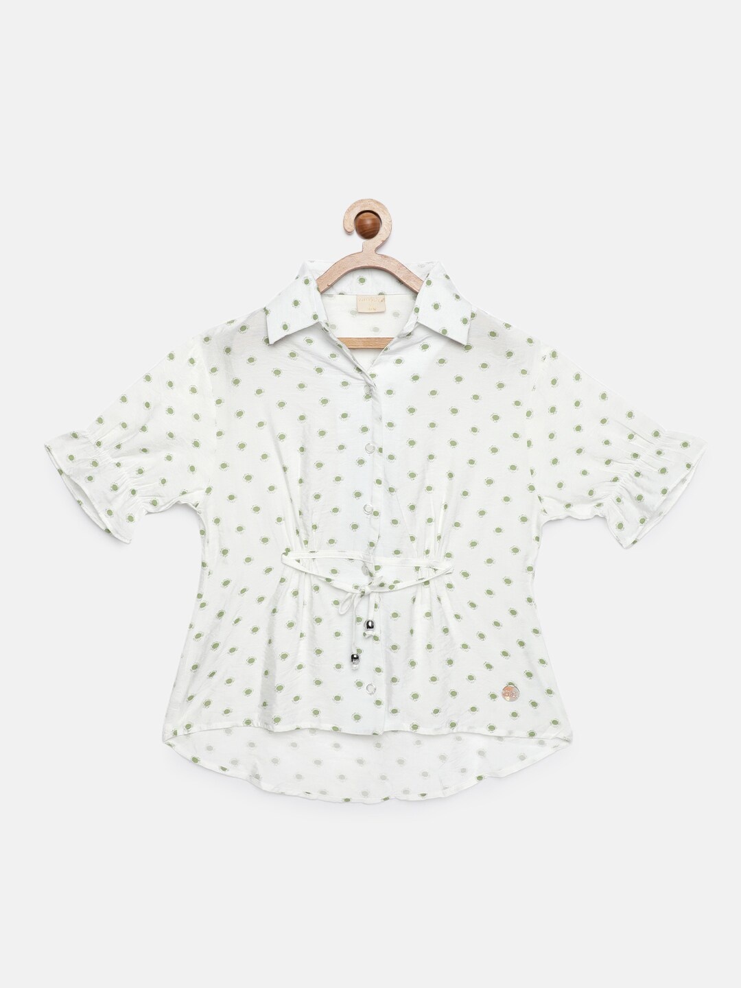 

Tiny Girl White & Green Printed Shirt Style Top