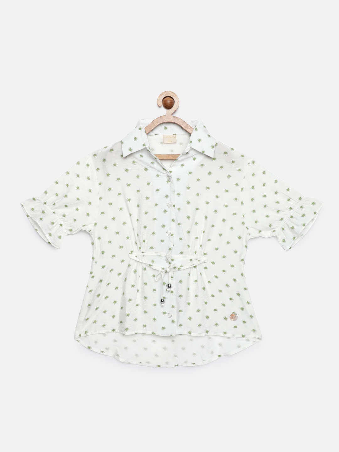 

Tiny Girl White & Green Printed Shirt Style Top