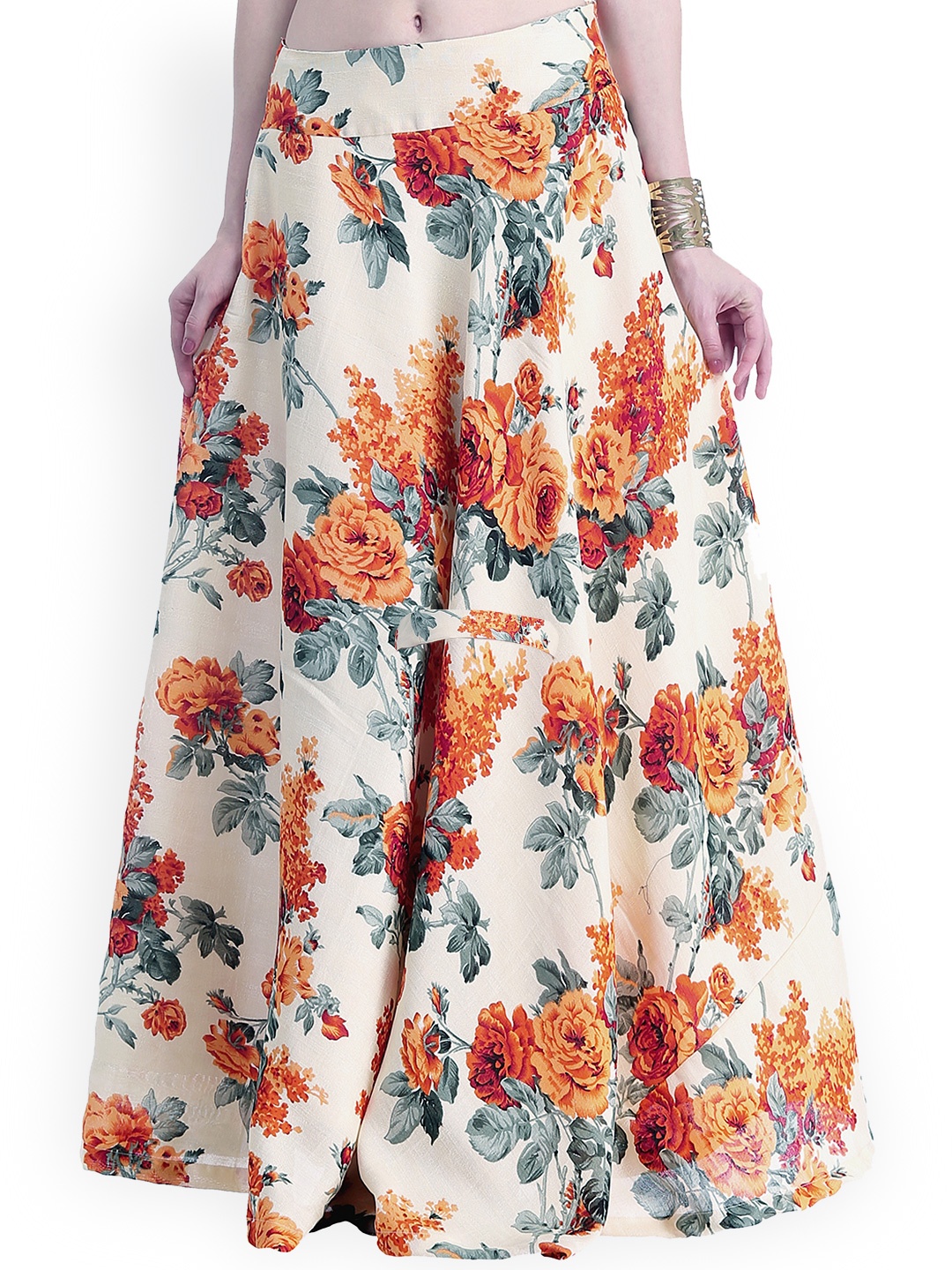 

INDYA Off-White & Orange Floral Print Silk Maxi Skirt