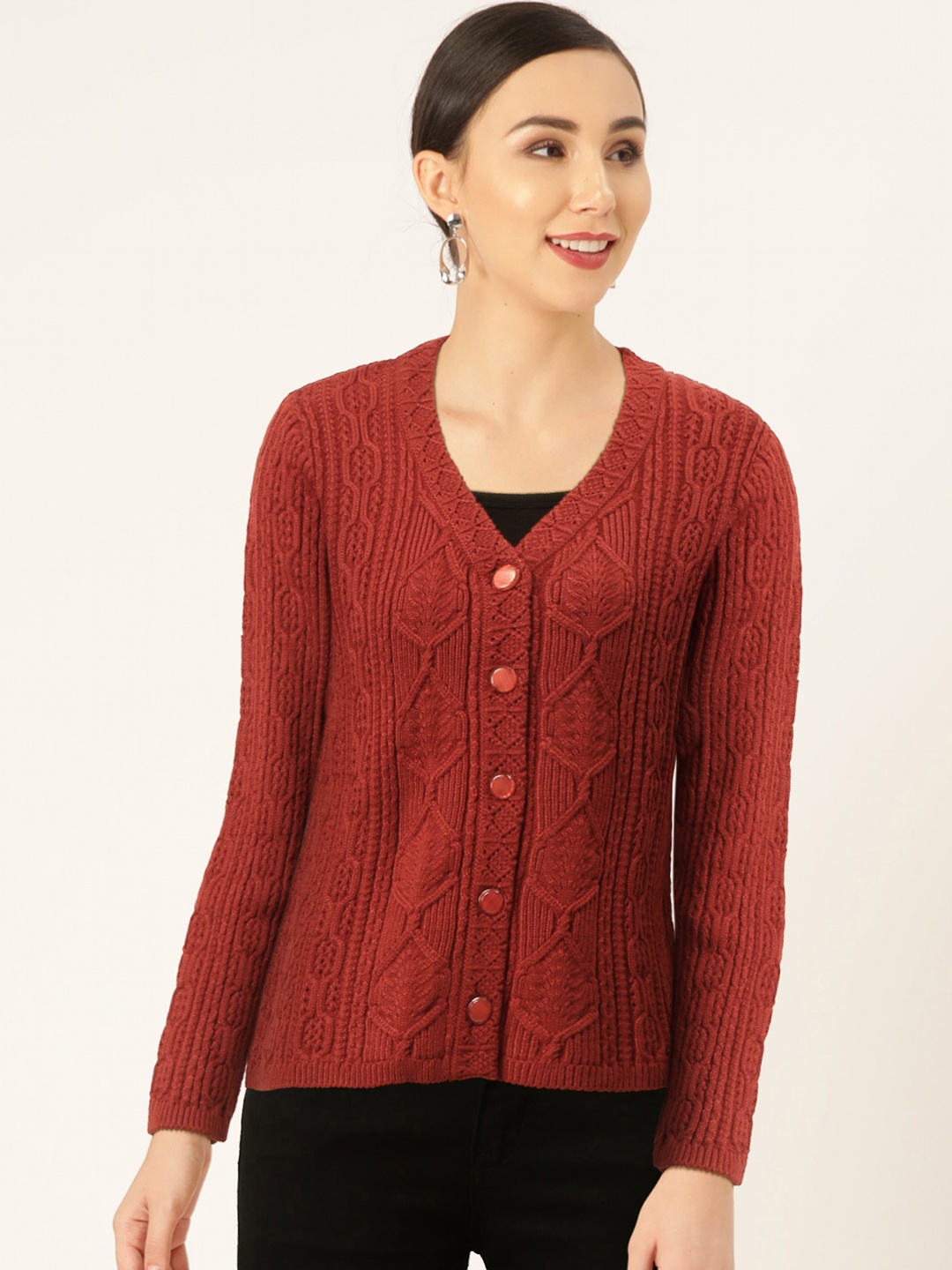 

Madame Women Maroon Self Design Cardigan