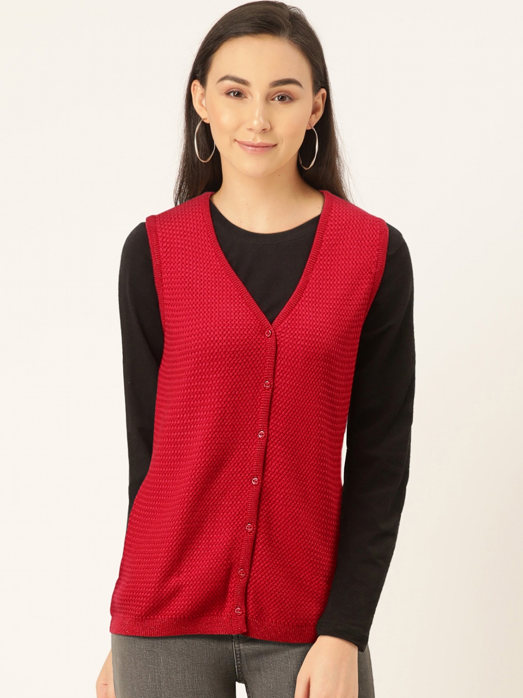 

Madame Women Red Self Design Cardigan Sweater