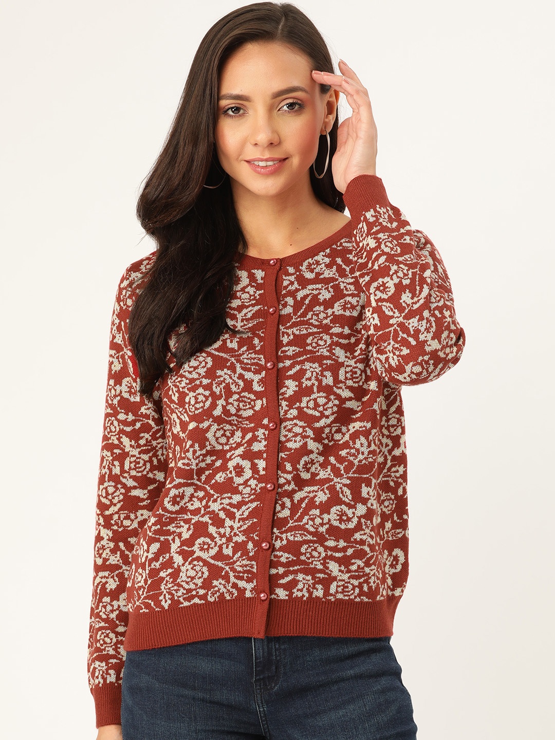 

Madame Women Rust Red & Off White Floral Self Design Cardigan
