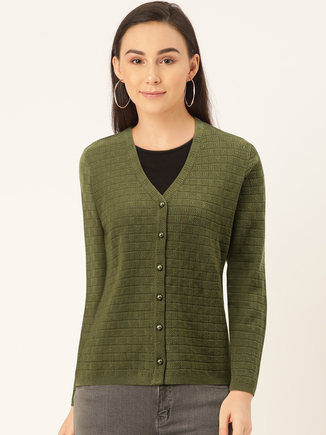 

Madame Women Olive Green Self Design Cardigan