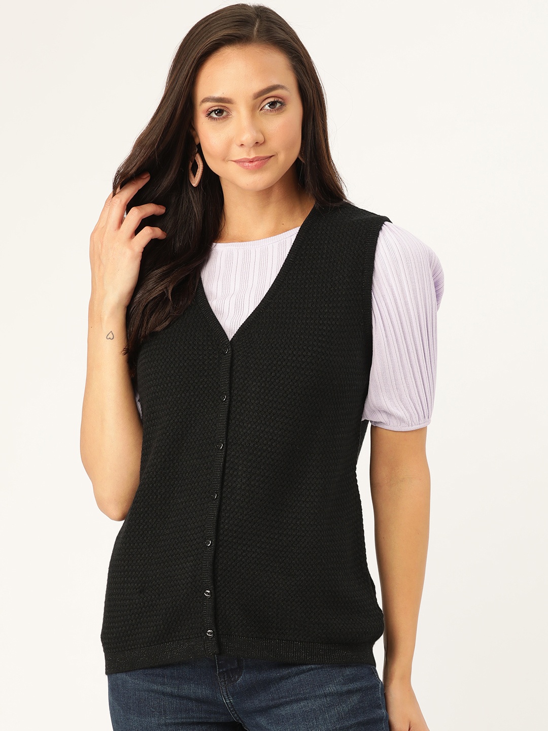 

Madame Women Black Self Design Cardigan