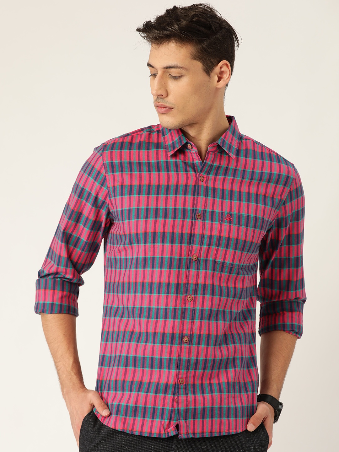 

United Colors of Benetton Men Pink & Navy Blue Slim Fit Checked Casual Shirt