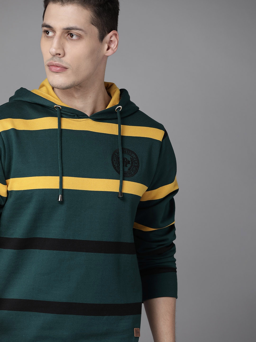 

Roadster Men Green & Black Striped Hooded Sweatshirt