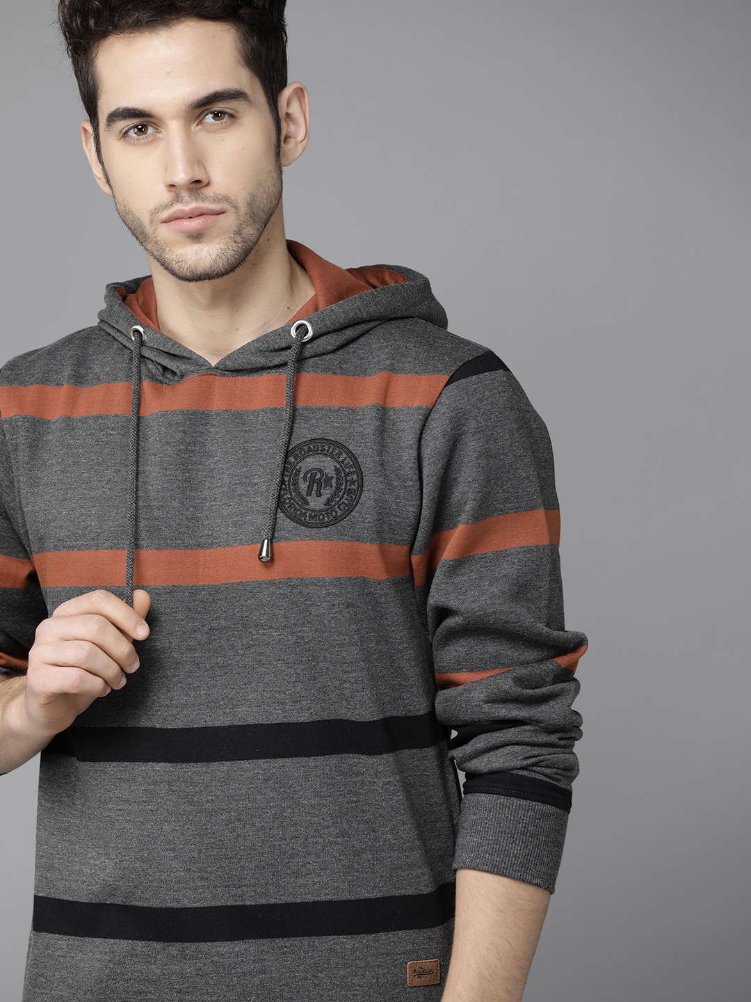 

Roadster Men Charcoal Grey & Black Striped Hooded Sweatshirt