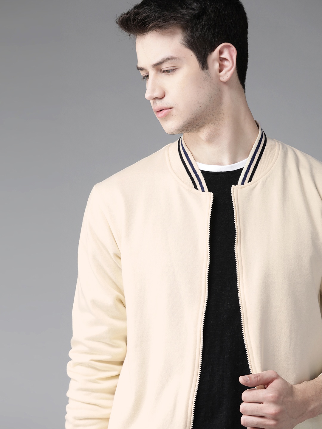 

Roadster Men Cream-Coloured Solid Bomber Jacket