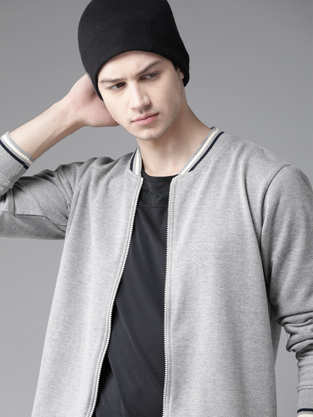 

Roadster Men Grey Melange Solid Bomber Jacket