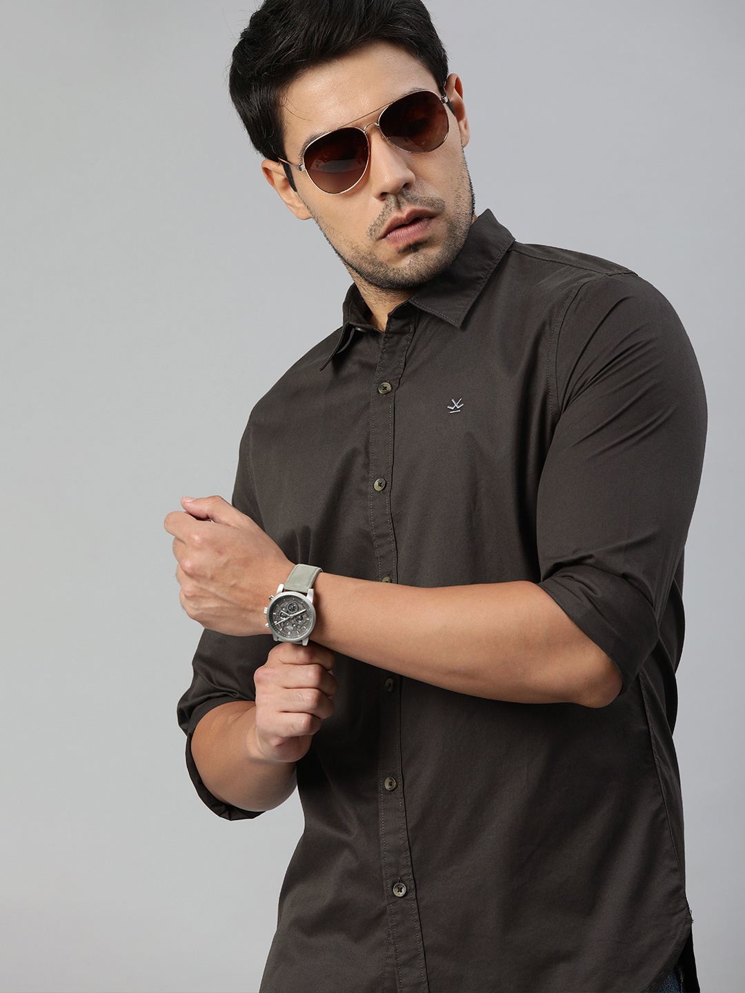 

WROGN Men Brown Slim Fit Solid Casual Shirt, Charcoal