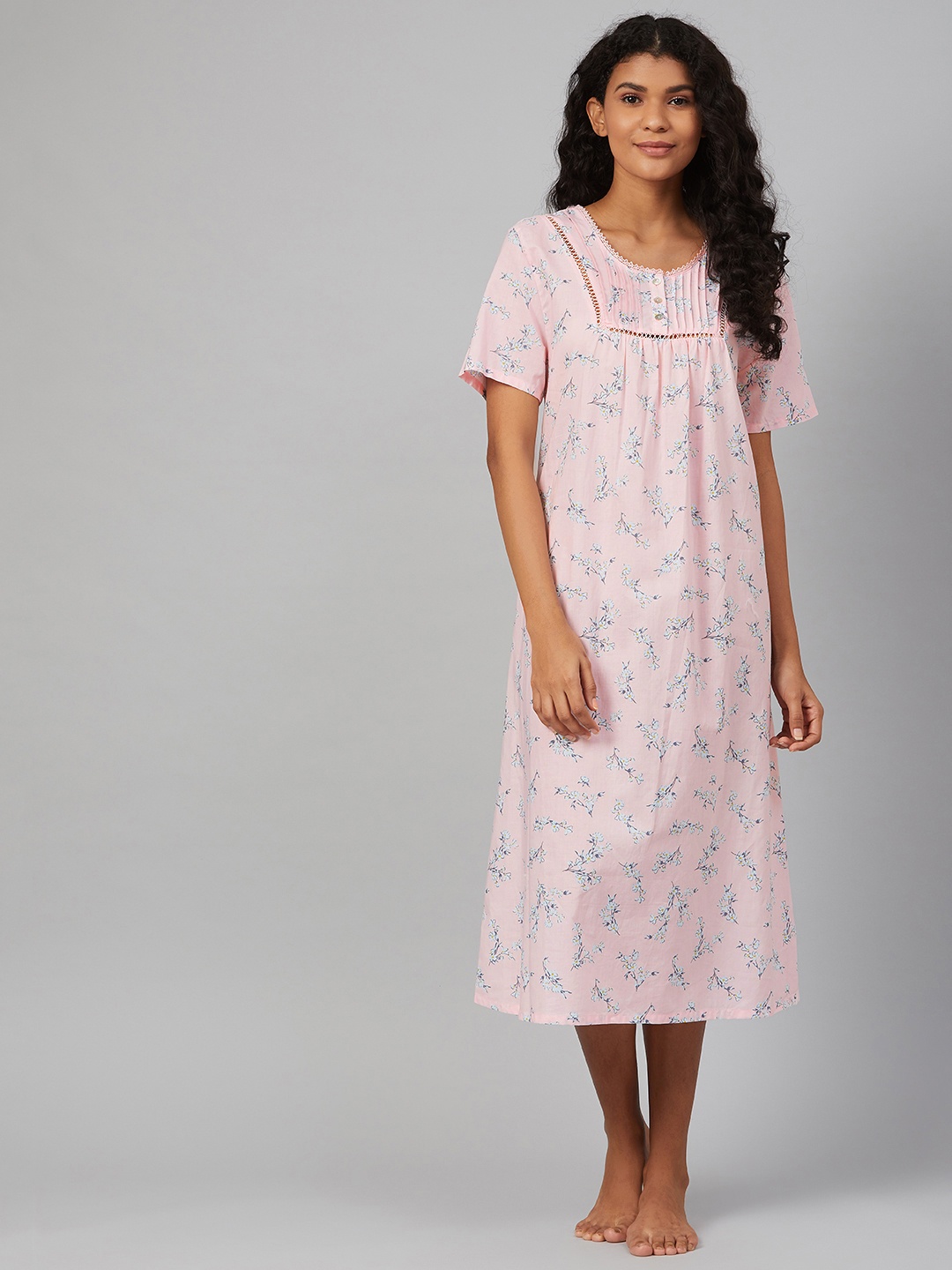 

Marks & Spencer Pink & White Pleated Floral Printed A-Line Nightdress
