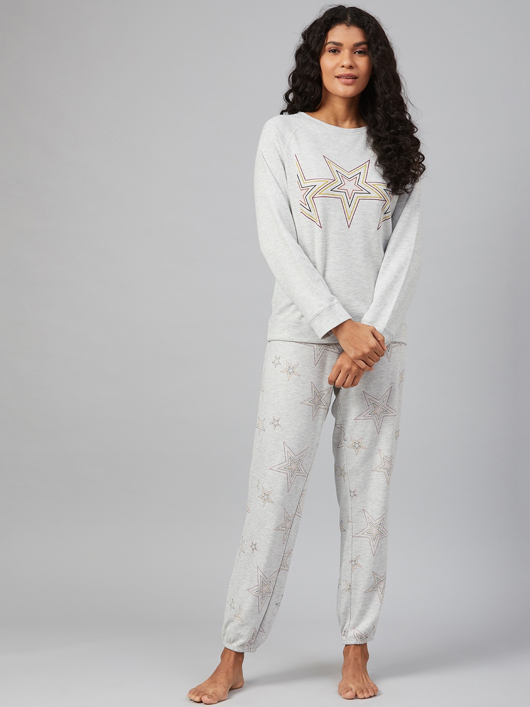 

Marks & Spencer Women Grey Melange & Mustard Yellow Star Printed Night suit