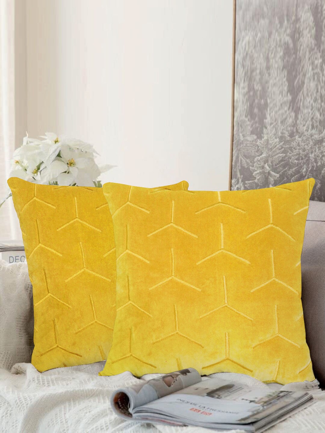 

aRDENMEAD Mustard Yellow Set of 2 Self Design Square Cushion Covers