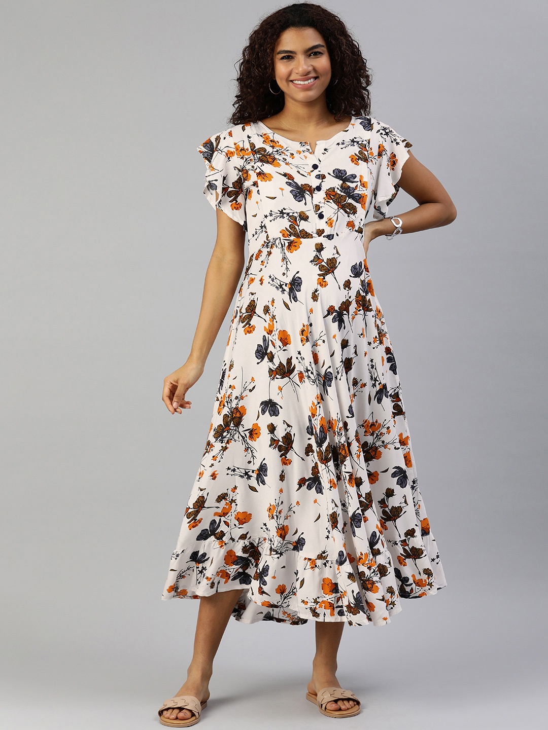 

MomToBe Women White & Green Floral Printed Maternity Nursing Maxi Dress