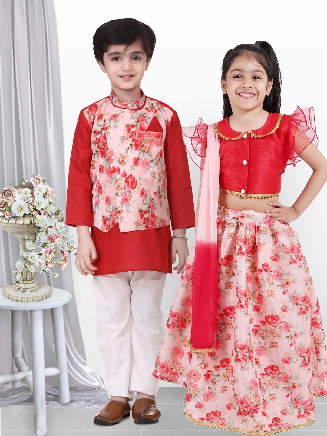 

BownBee Girls Red & Pink Solid Ready to Wear Lehenga & Blouse with Dupatta