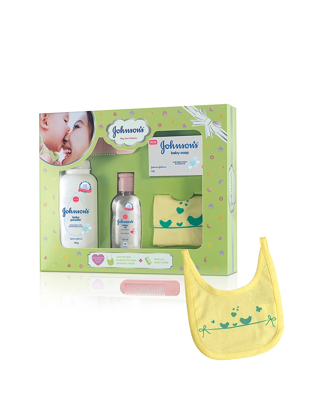 

Johnson's Baby Care Collection with Organic Cotton Bib & Baby Comb, Green