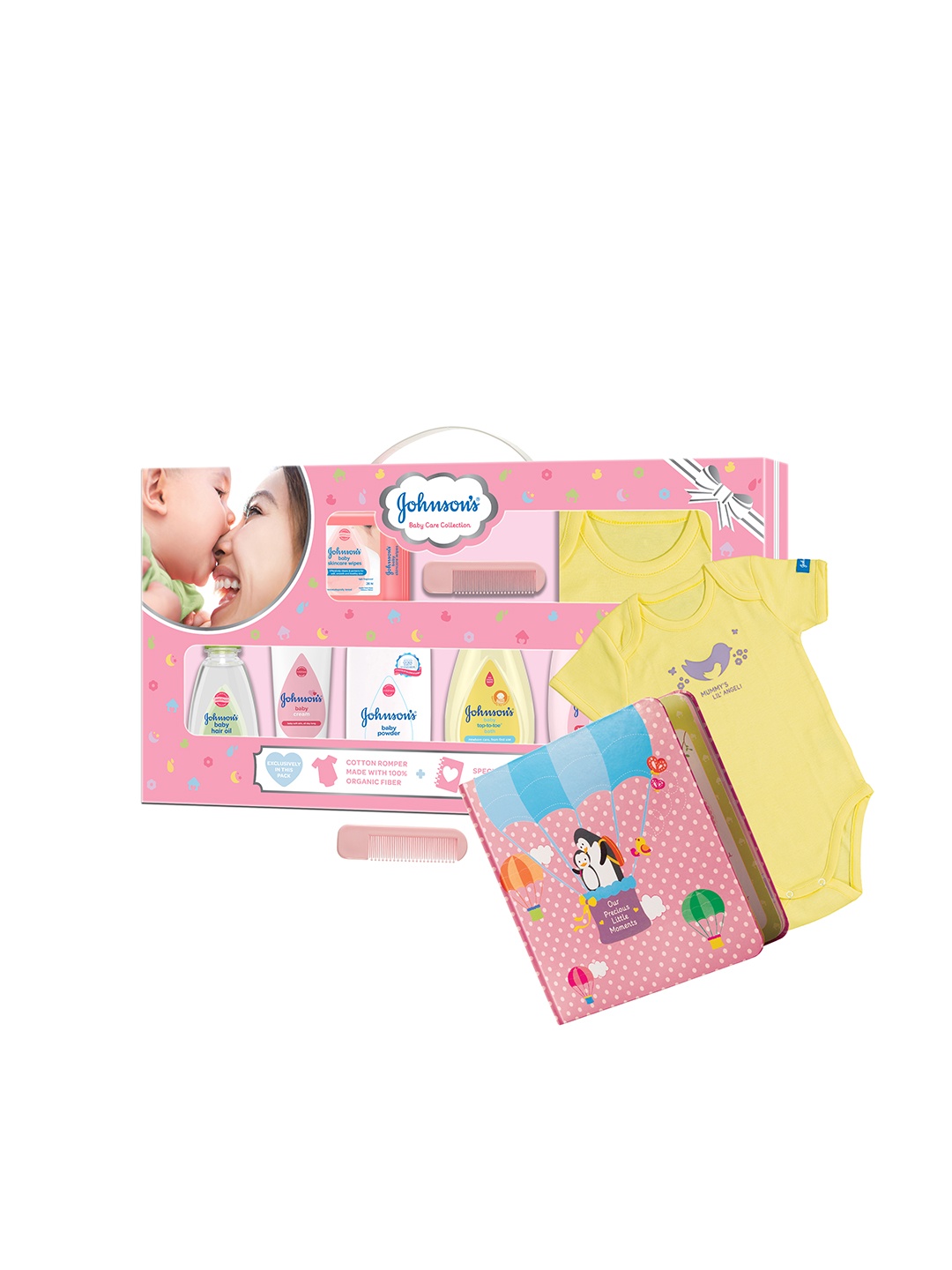 

Johnsons Baby Care Collection Gift Set with Organic Cotton Romper & Milestone Book, Pink