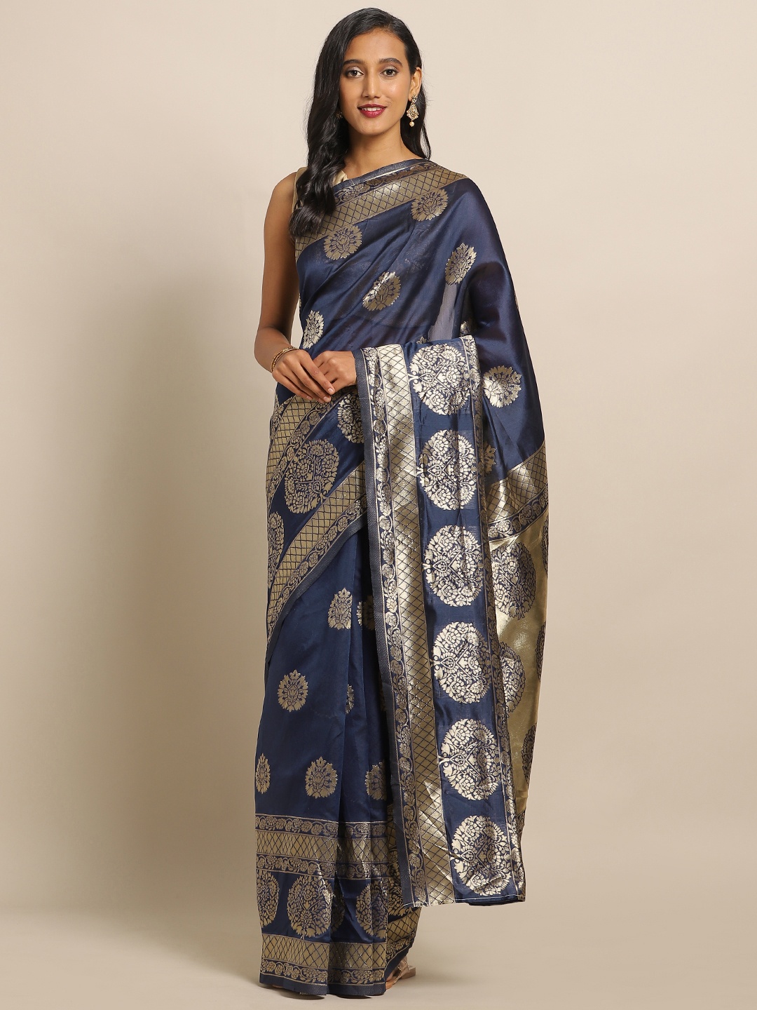 

flaher Navy Blue & Golden Brocade Woven Design Banarasi Saree