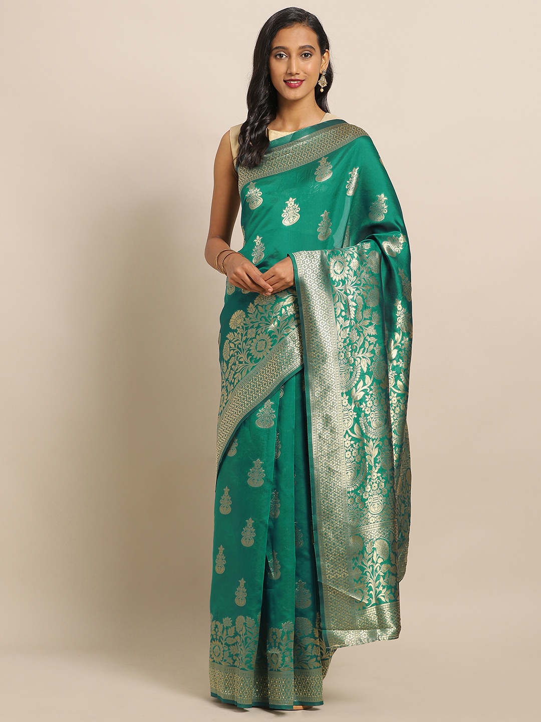 

flaher Teal Green & Golden Brocade Woven Design Banarasi Saree