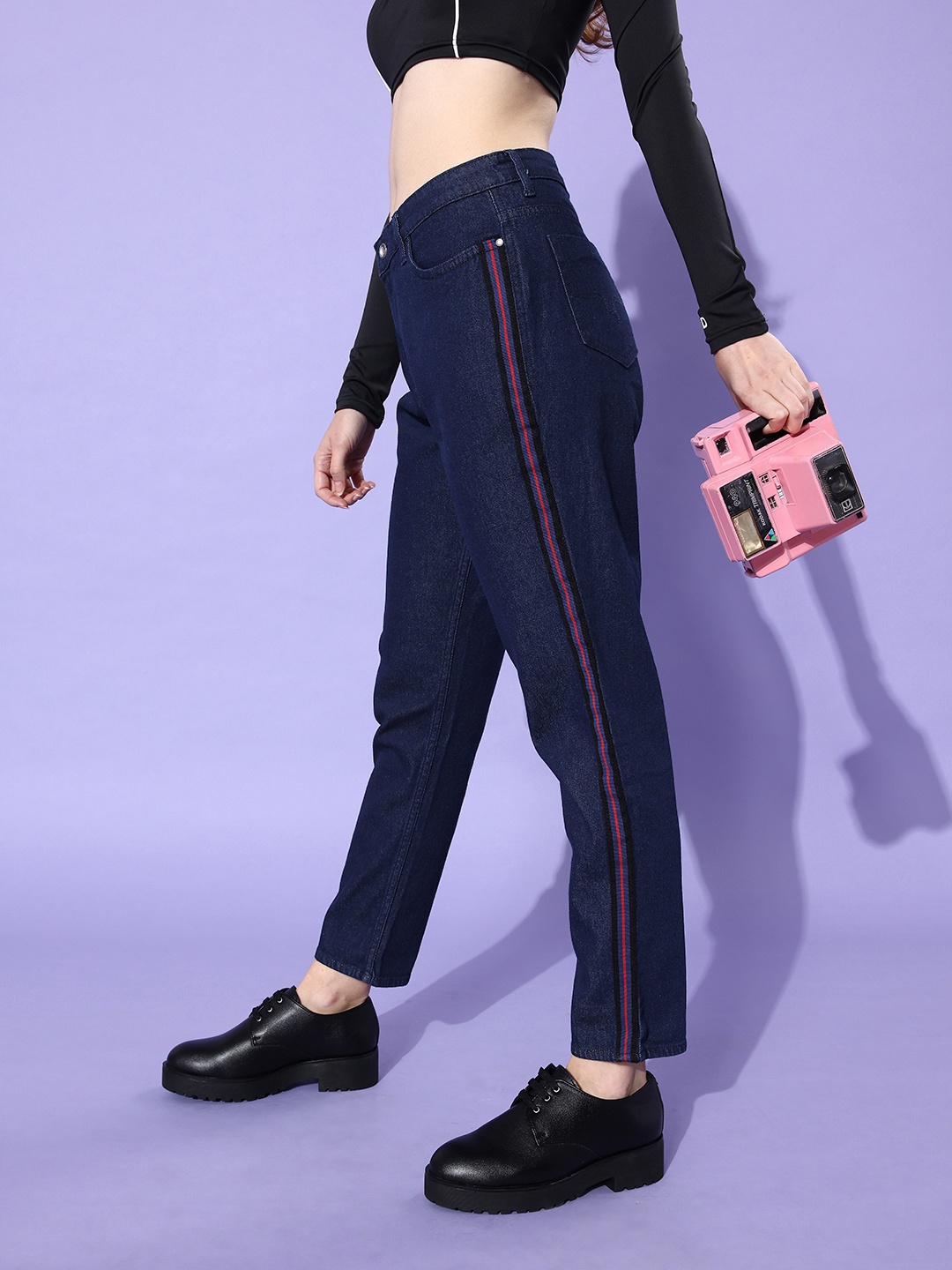

Roadster Women Deep Navy Blue High-Rise Boyfriend Fit Cropped Stretchable Jeans