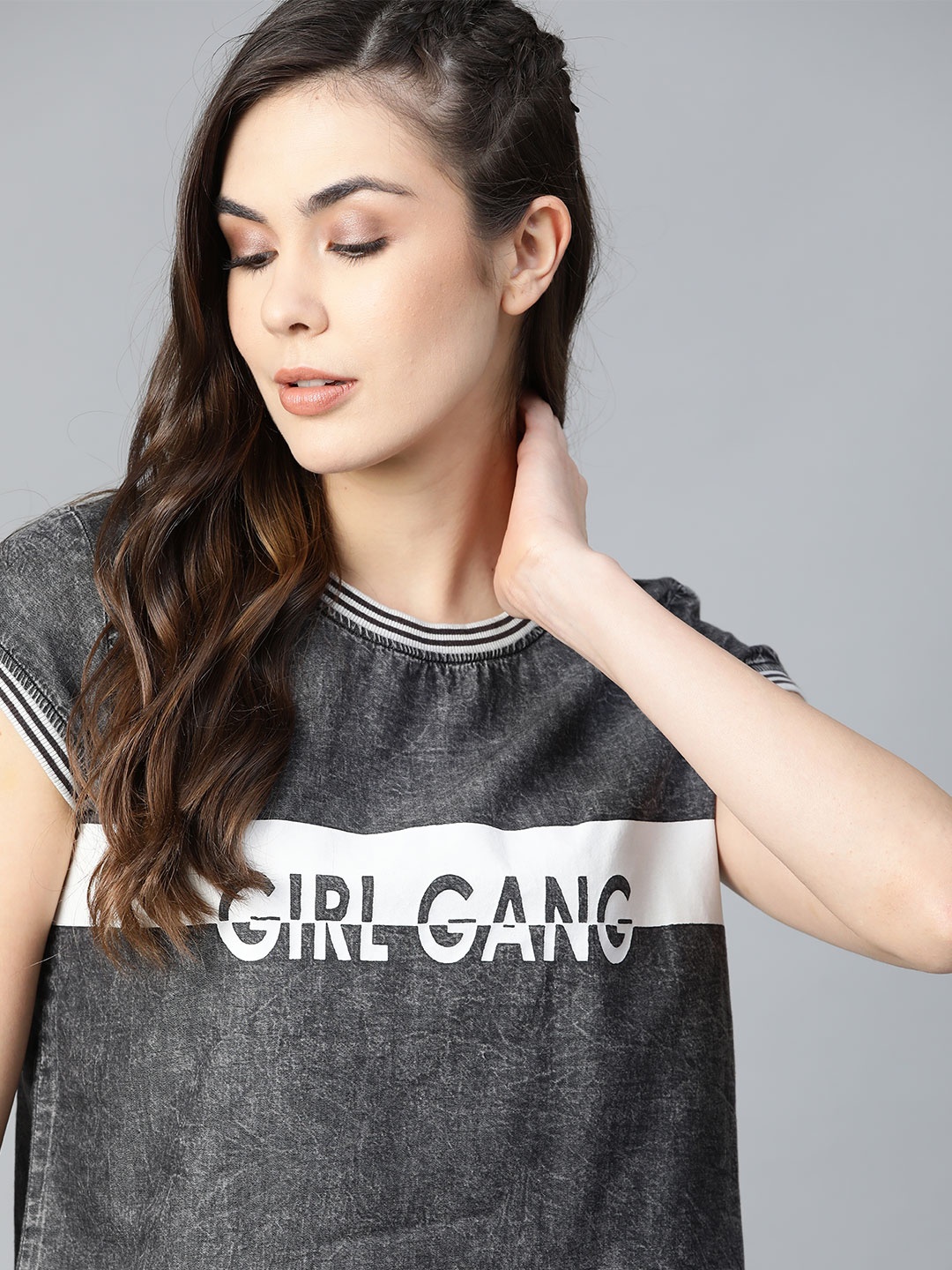 

Roadster Women Charcoal Grey Acid Wash Printed Denim Pure Cotton T-shirt