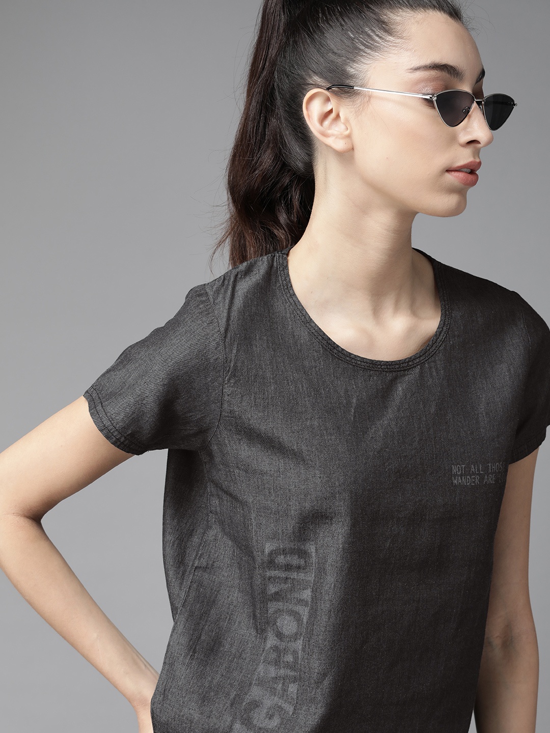 

Roadster Women Charcoal Grey Cotton Printed Detail Round Neck Denim T-shirt