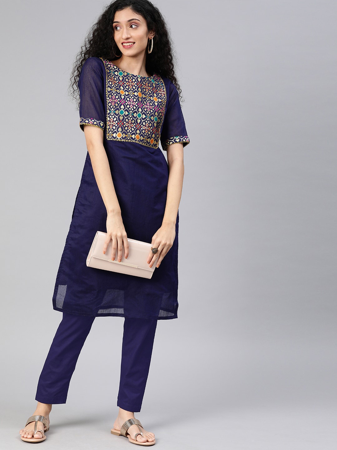 

Inddus Women Navy Blue & Yellow Yoke Design Kurta with Trousers