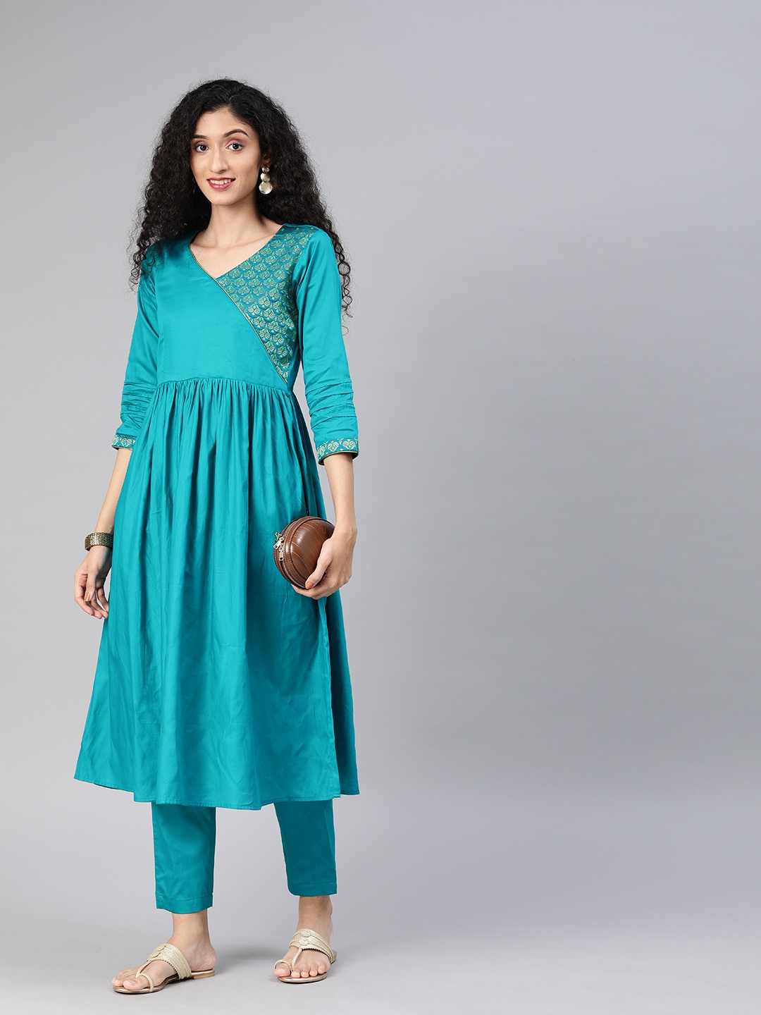 

Inddus Women Teal Blue & Gold-Coloured Woven Design Angrakha A-line Kurta with Trousers