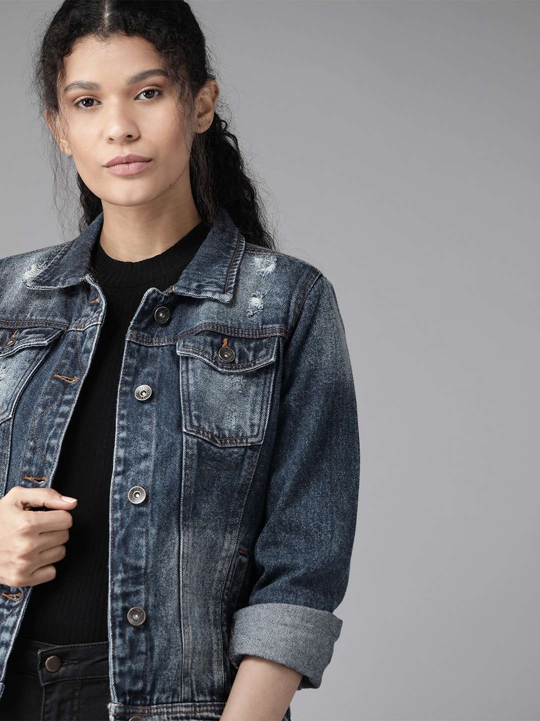 

Roadster Women Blue Washed Distressed Denim Jacket