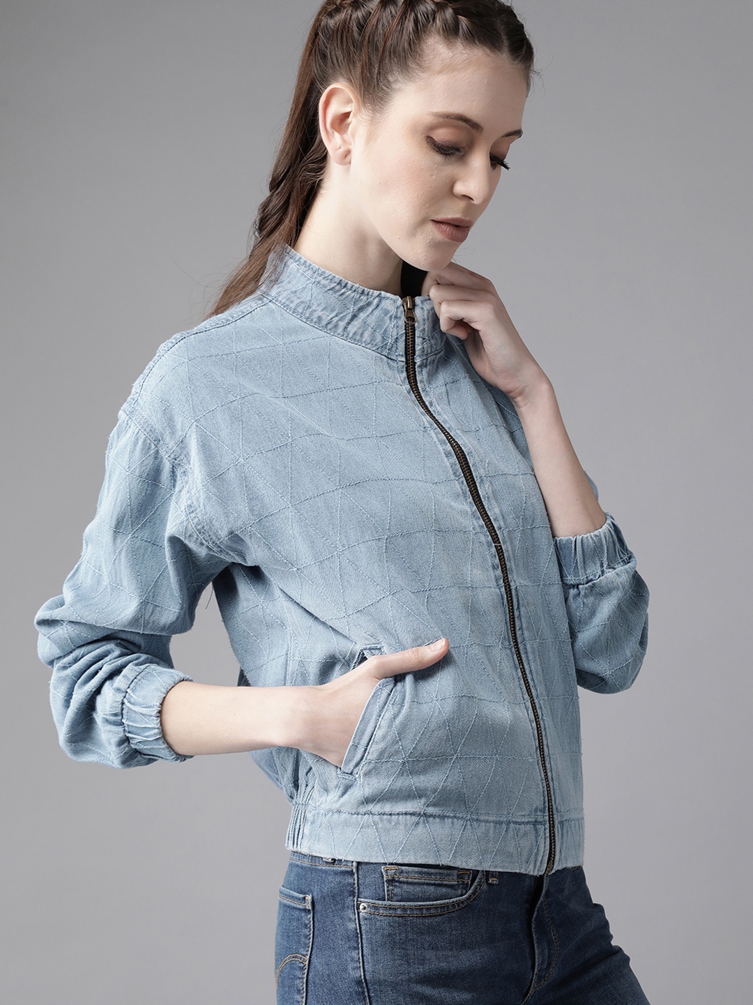 

Roadster Women Blue Pure Cotton Self Design Denim Jacket